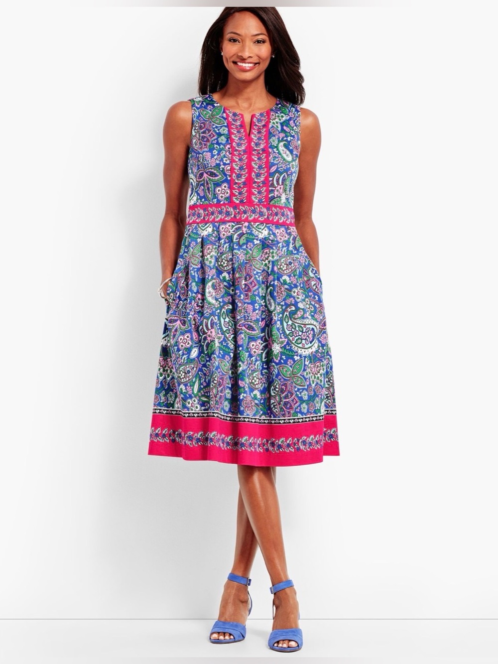 Talbots Blue Pink Paisley Floral Print Sleeveless A-Line Dress Womens Size 6
